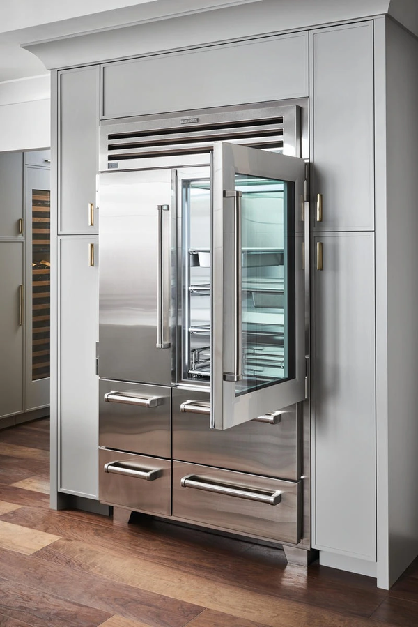 Stainless steel glass door fridge with door ajar